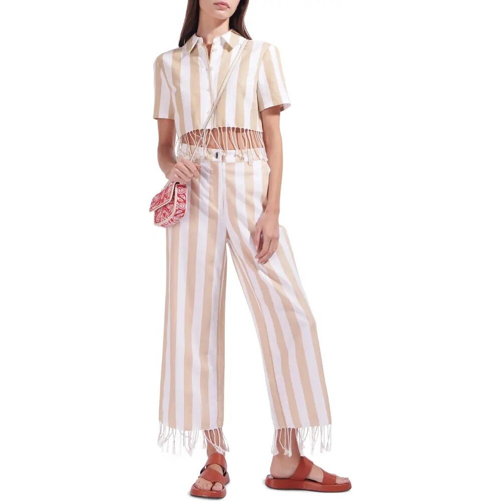 Staud Zuma Cabana Stripe Fringe Hem Beige White Cotton & Linen Pants Size 10 NWT